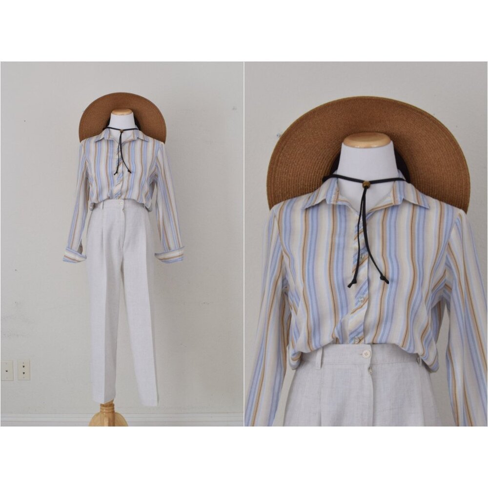 Vintage 80s Paper-Thin Striped‎ Poly/Cotton Womens Shirt